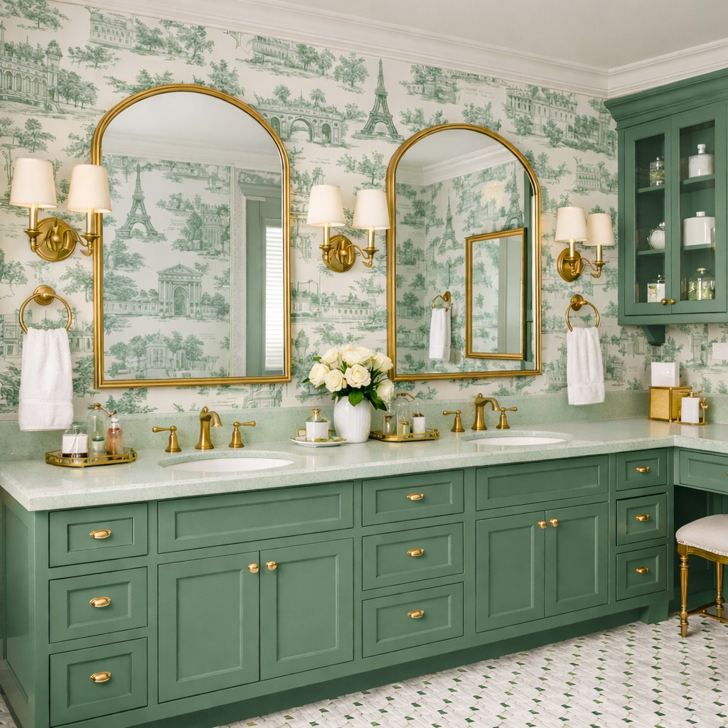 Gold arched mirrors over a jade-green double vanity, with green scenic toile wallpaper, cream shaded sconces and glass-front side storage.