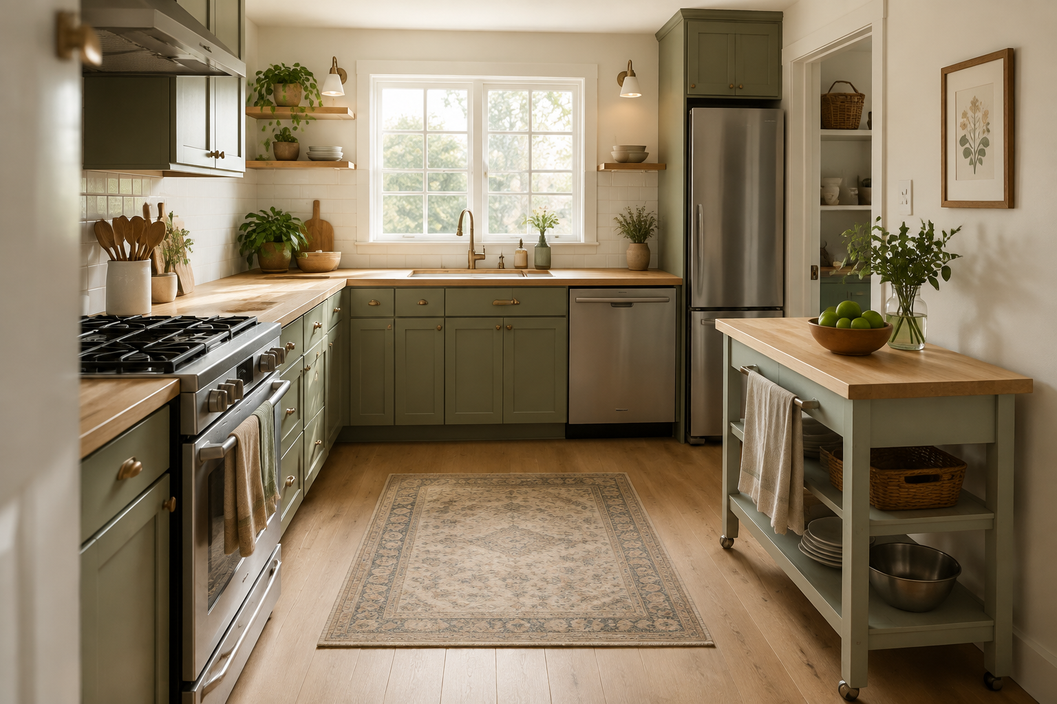 Concept image of a compact green kitchen with an open center and a small movable worktable at the edge.