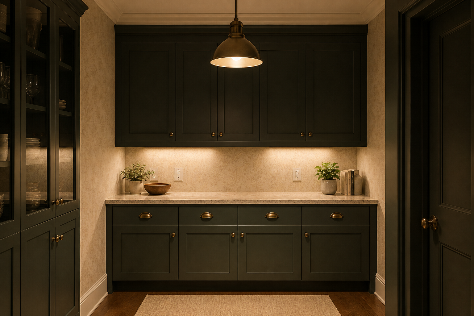 A complete dark pantry wall combines a pendant, under-cabinet lighting, reachable counter outlets, and installed glass-front display cabinets.