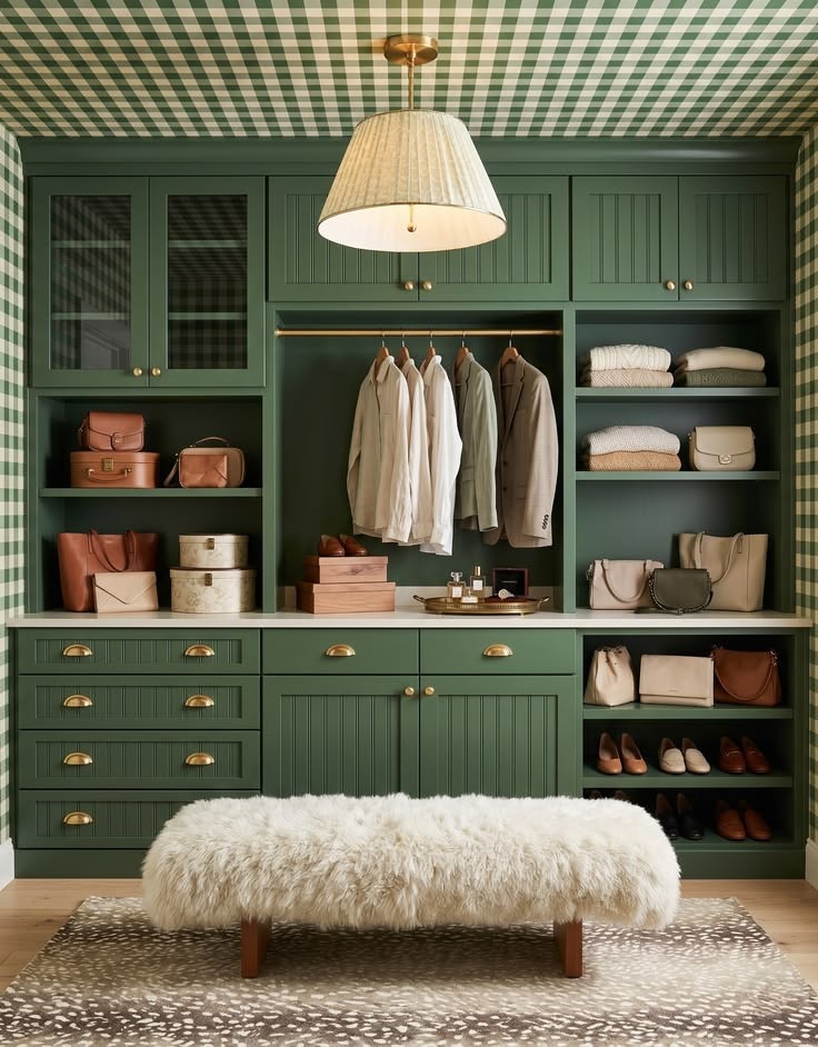 Green walk-in closet with gingham pattern, a bench, and flexible open storage.