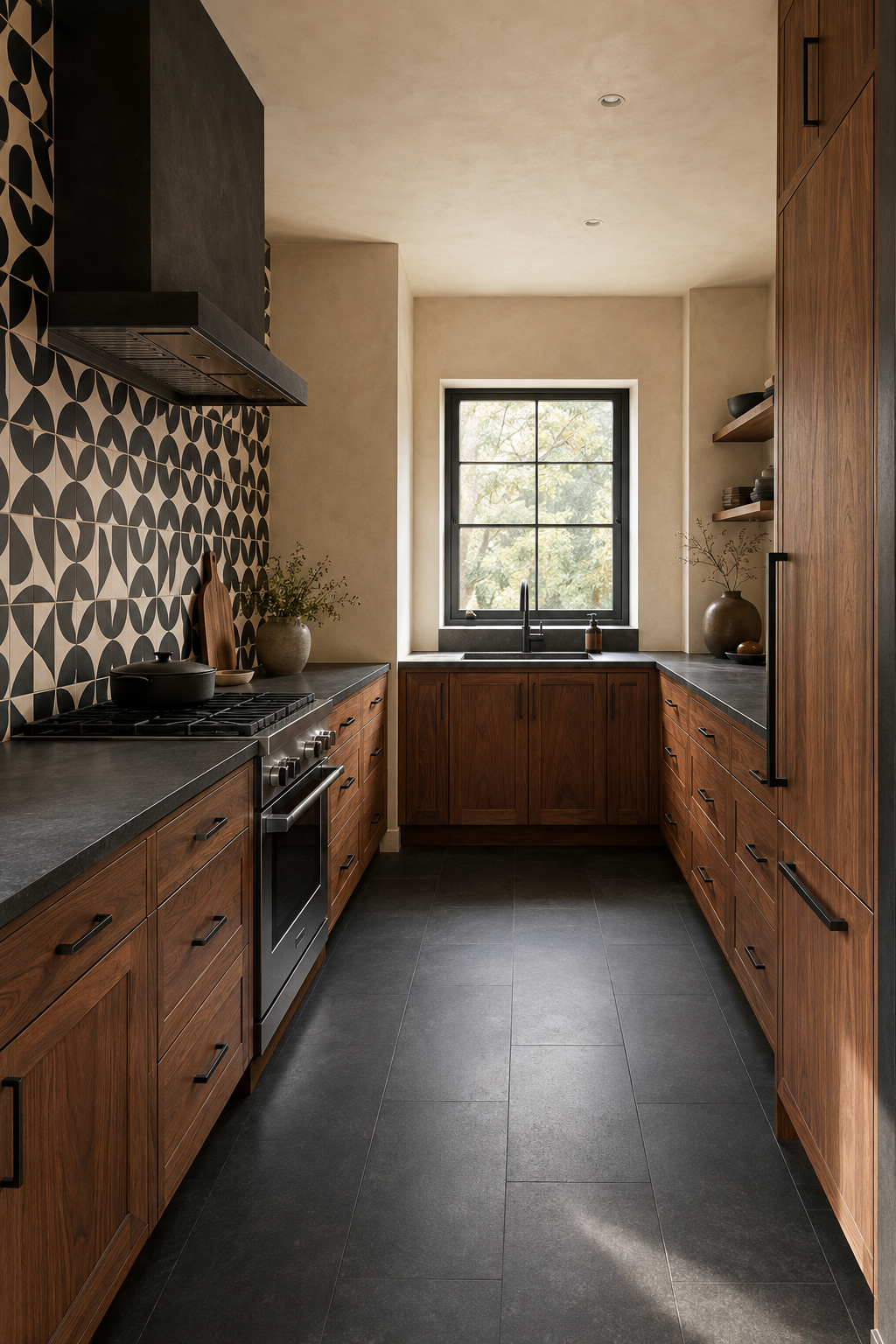 A walnut kitchen with a black floor, one dense geometric wall, quiet plaster surfaces, and an unobstructed aisle.