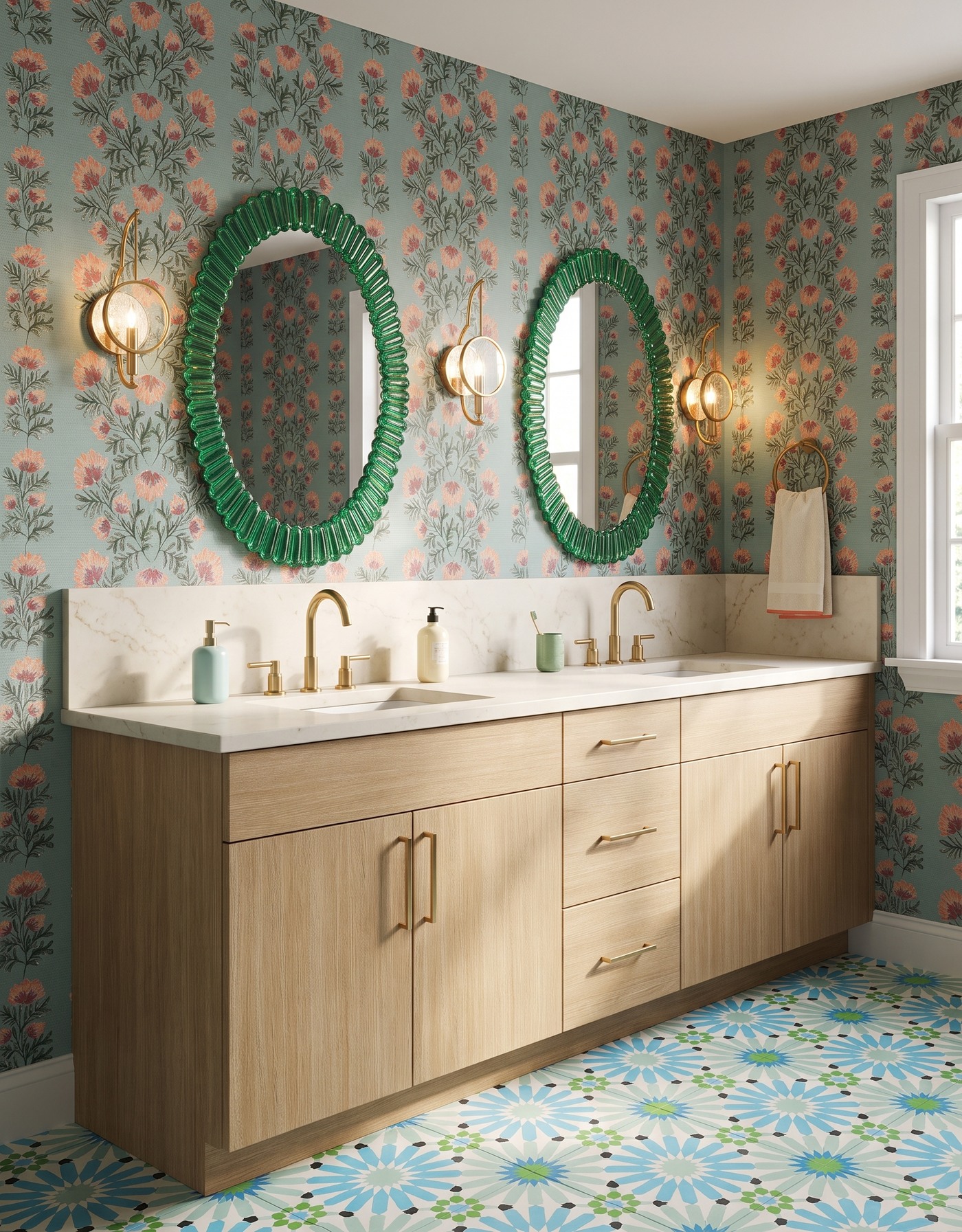 AI-created concept: A light-oak-toned vanity sits beneath green glass-look oval mirrors and coral floral wallpaper.