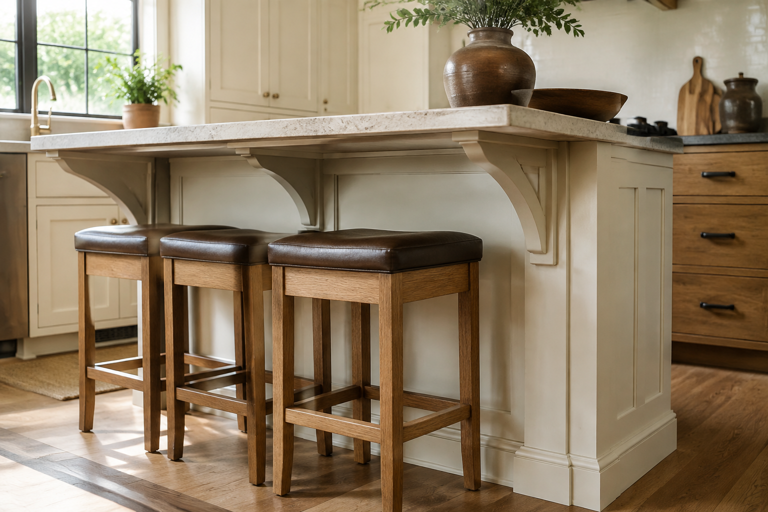 Kitchen island seating overhang with discreet support brackets, a finished end panel, and a coordinated countertop seam.