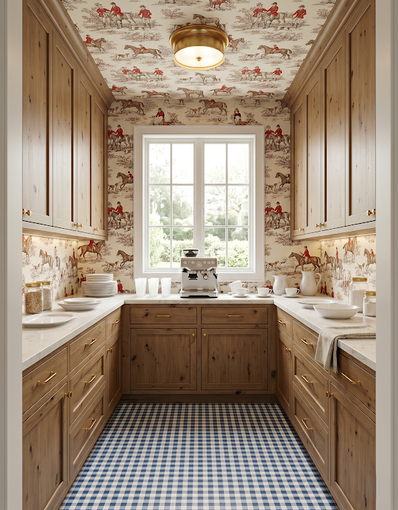 Concept image of a warm wood pantry with floral surfaces, a centered window, and cabinetry on three sides.
