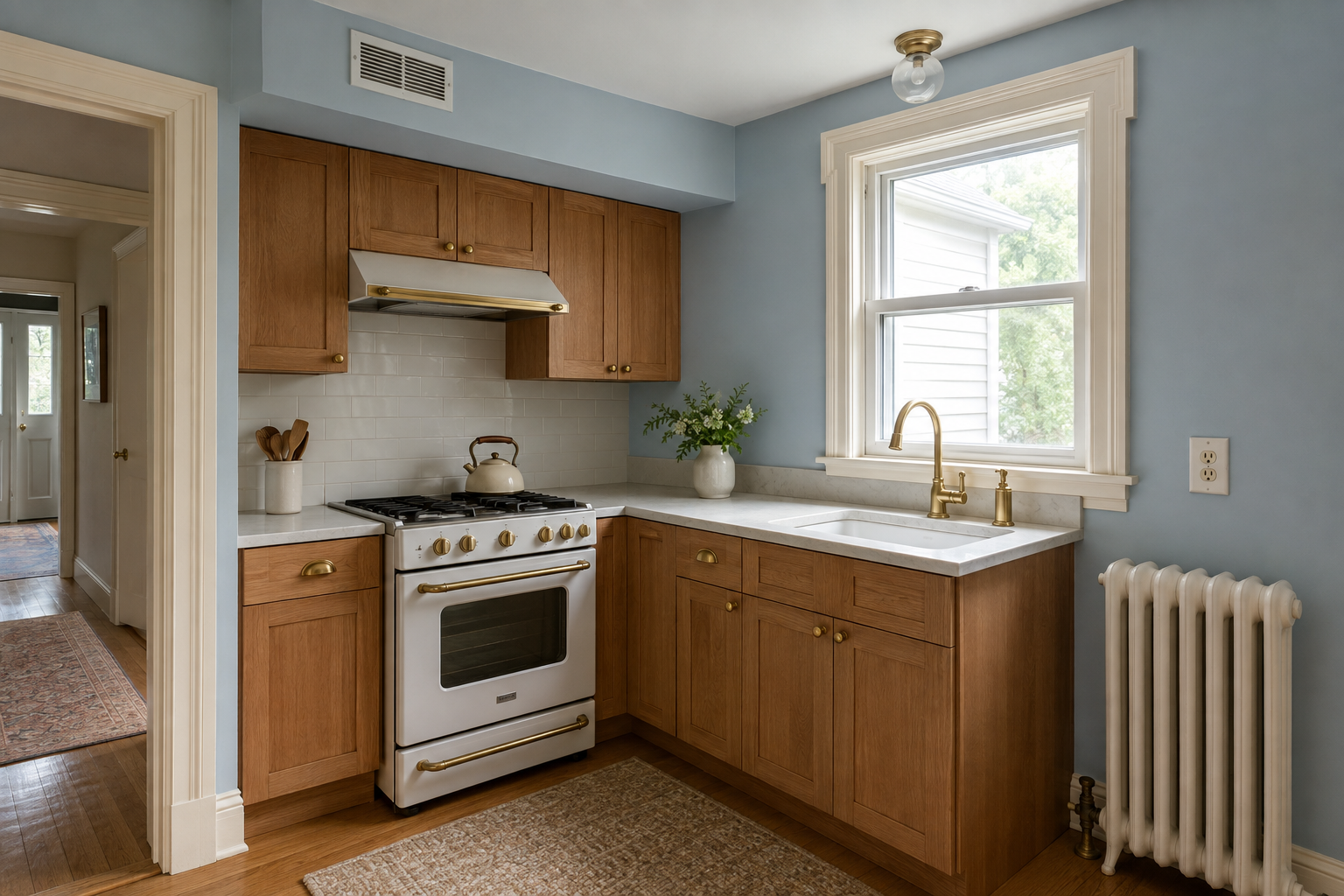 Concept image of a compact blue and oak kitchen with a soffit, vent in the soffit, window trim, doorway, outlet, and radiator visible.