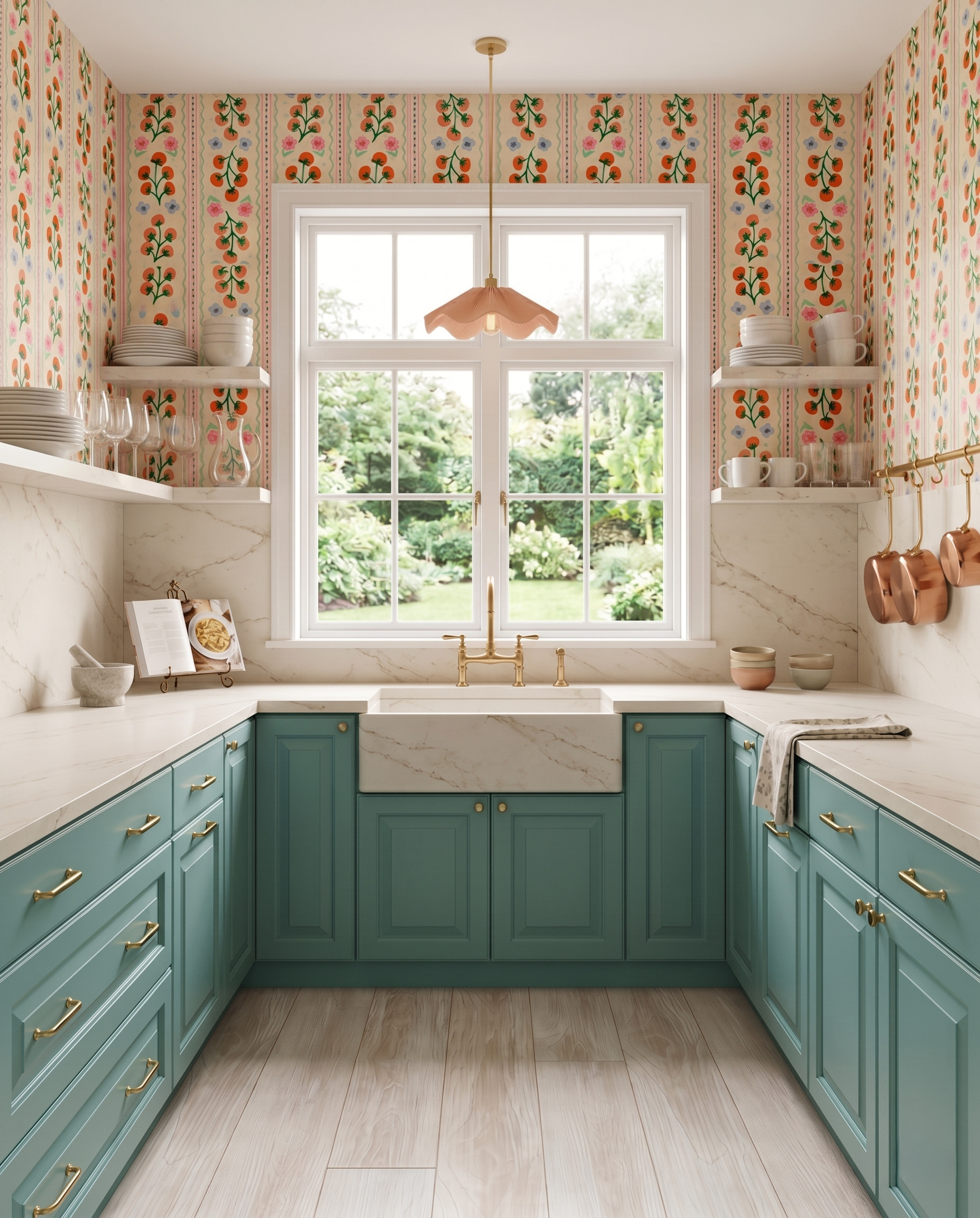 Muted teal kitchen with tomato-and-flower striped wallpaper, a pale apron-front sink, peach scalloped pendant and copper pans on a wall rail.