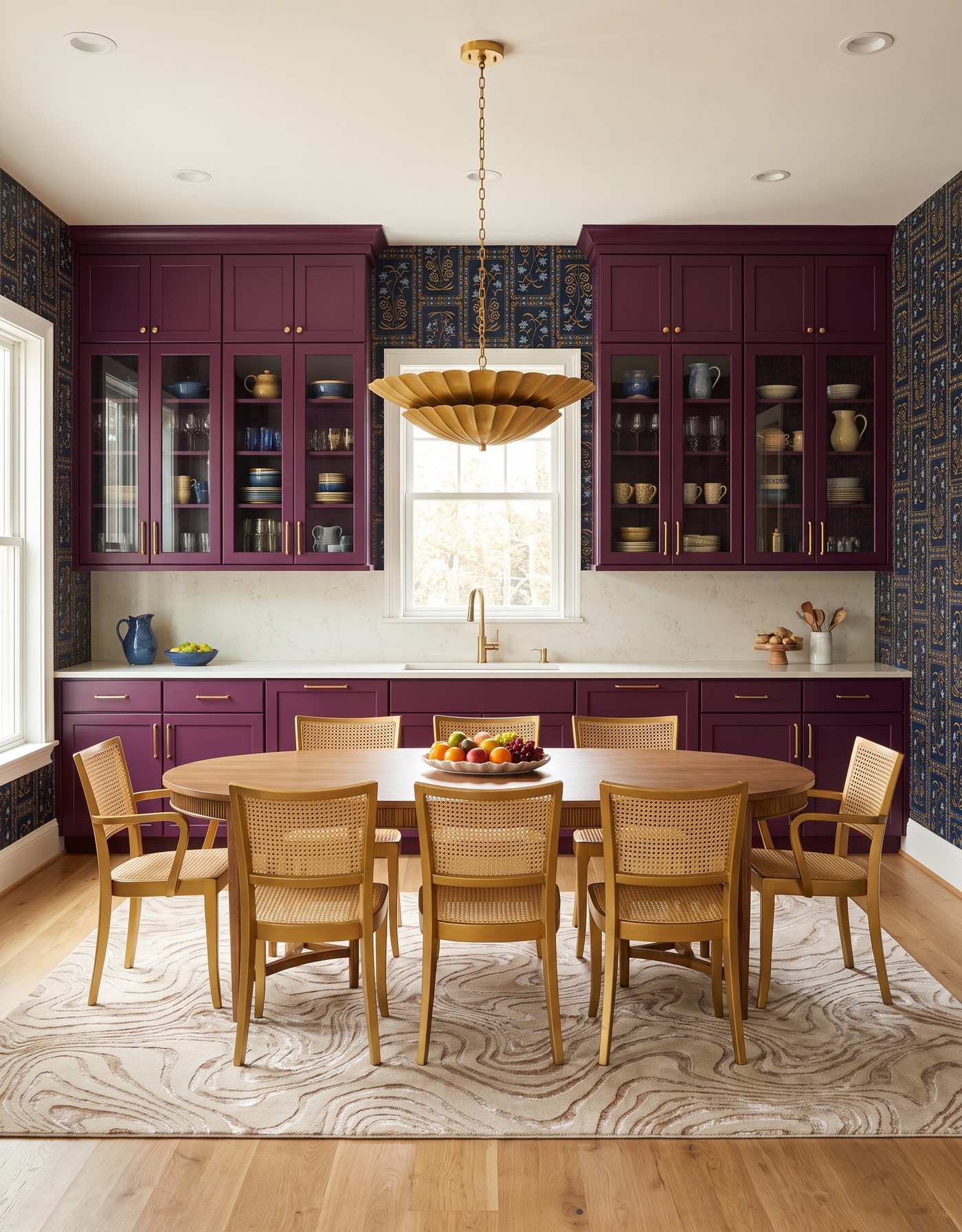 AI-created concept: Berry kitchen cabinets against dark blue-and-gold botanical wallpaper, with cane dining chairs and a gold pendant.