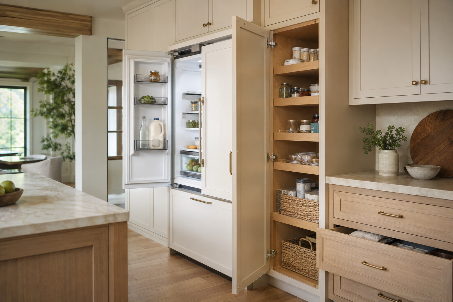 Integrated refrigerator, tall pantry door, and nearby cabinet drawer opened beside one another in a warm kitchen.