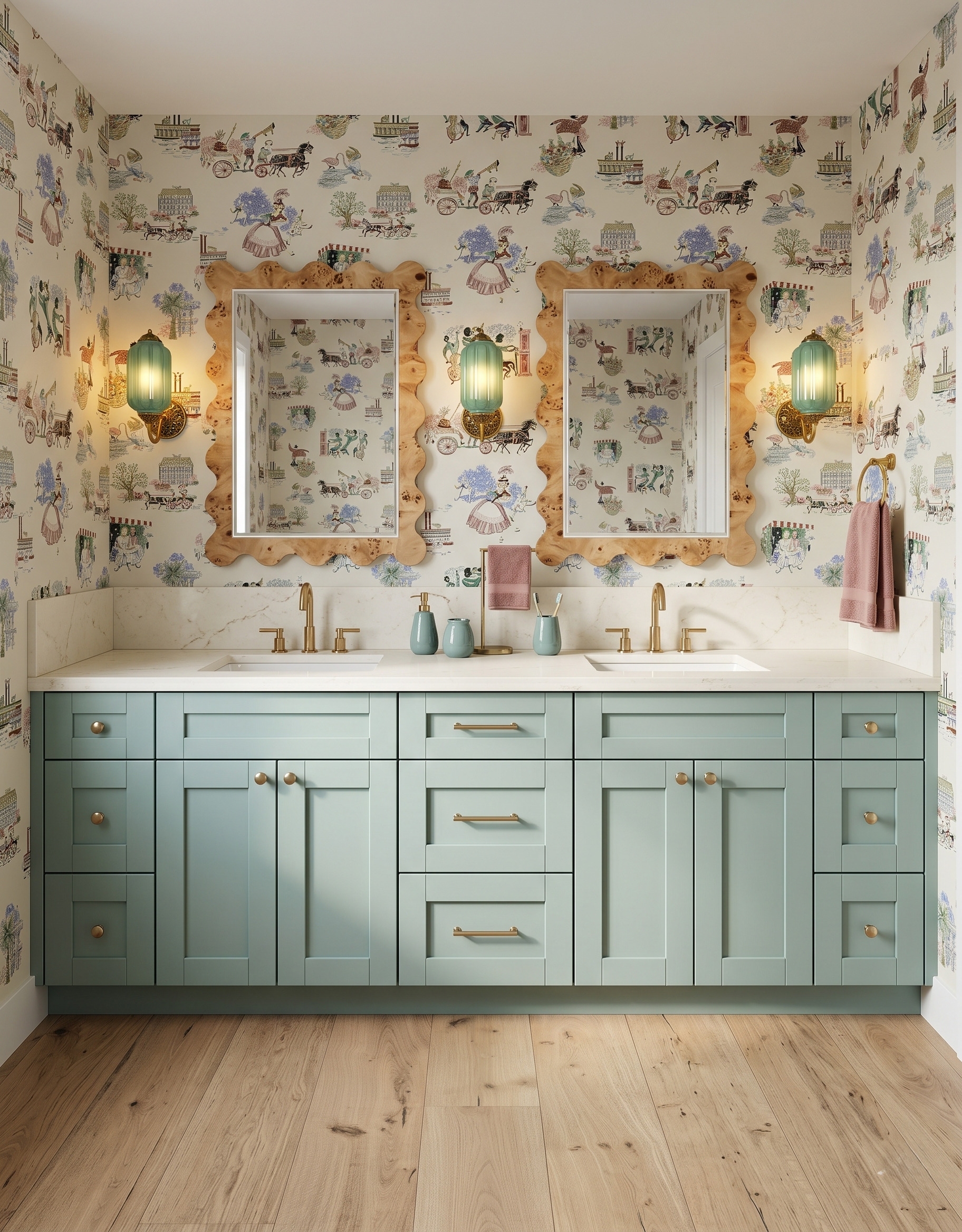 Wavy burl-look wood mirrors and pale-green ribbed glass sconces above a soft blue-green vanity and illustrated wallpaper.