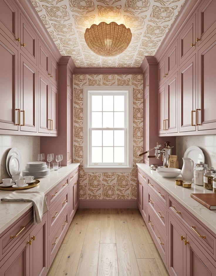 Narrow plum galley-style storage room with two cabinet runs, counters, a window, and a clear center aisle.
