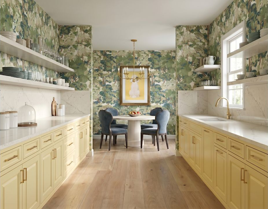 Concept image of a sunny cream and yellow galley kitchen with open shelves and a compact sitting area at the far end.
