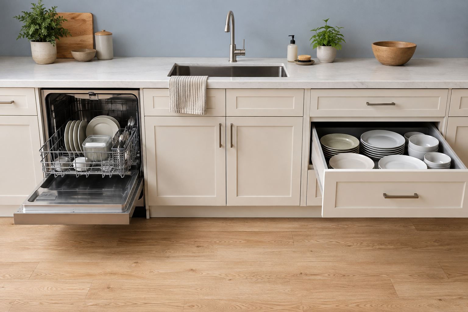 Cream cleanup run with an open dishwasher left of the sink and a separate deep dish drawer open on the right.