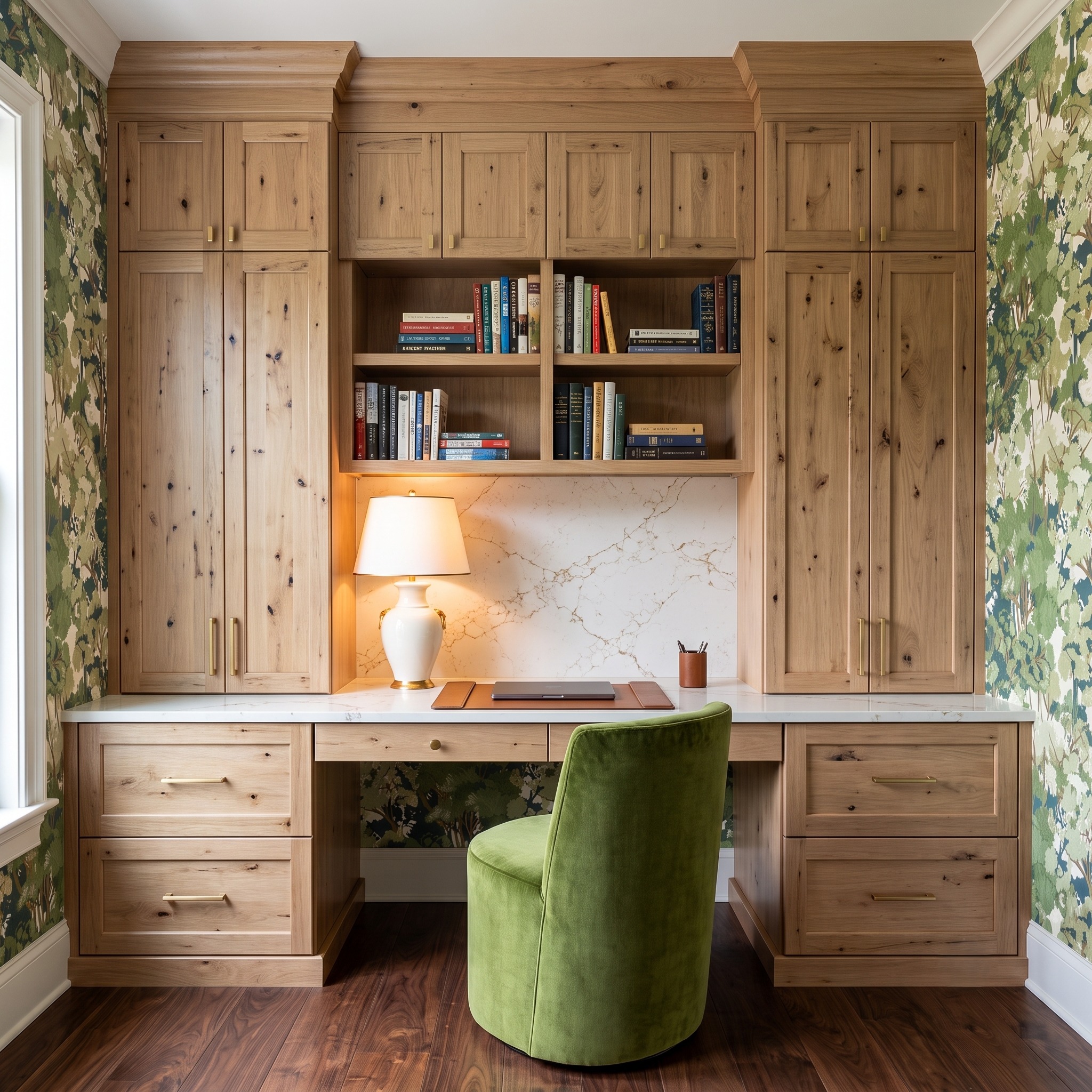 Natural wood office cabinetry with a built-in desk, tall storage, and a green chair.