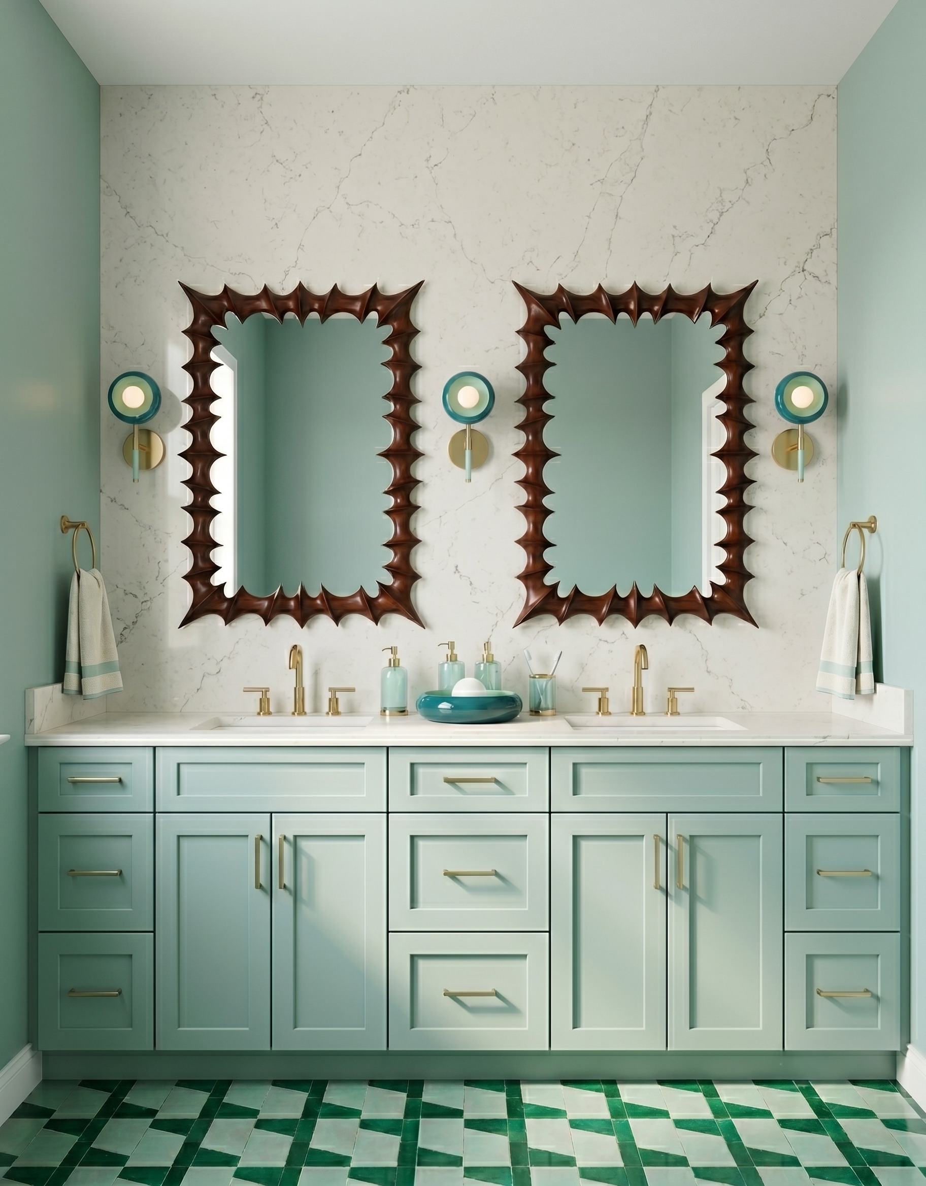 Sculptural dark-wood mirror frames with compact teal-and-brass sconces above an aqua vanity and pale slab wall.