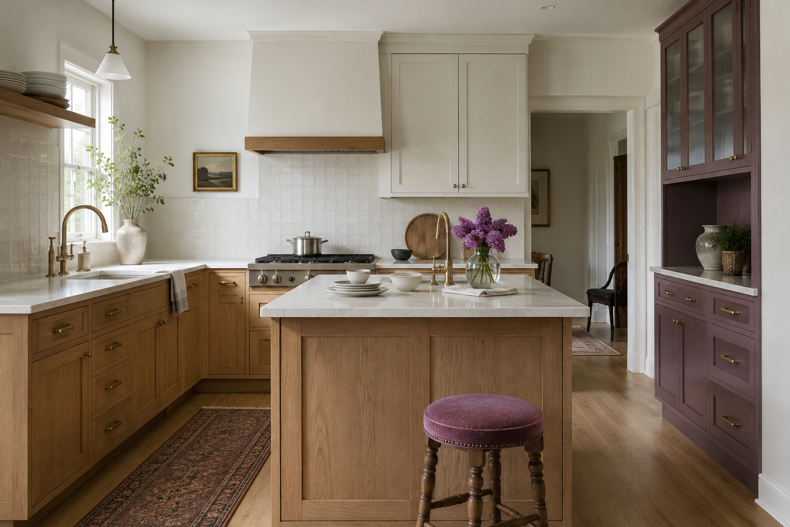 Neutral oak kitchen with purple on one cabinet run, a small stool, and a restrained floral accent.