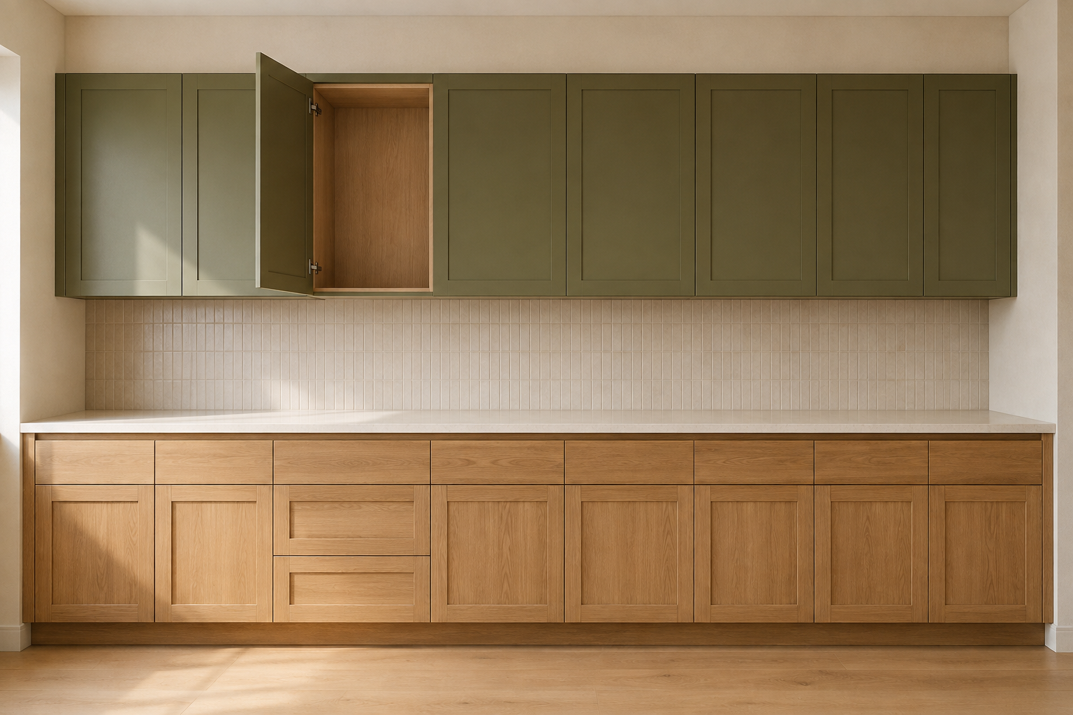Square-on straight kitchen elevation with natural-oak base cabinets, muted-olive upper cabinets, consistent solid fronts, and one attached upper door open to an empty box.