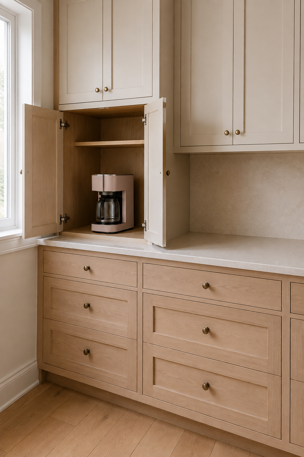 Open solid-door appliance cabinet with one coffee maker and a broad completely clear countertop immediately beside it.
