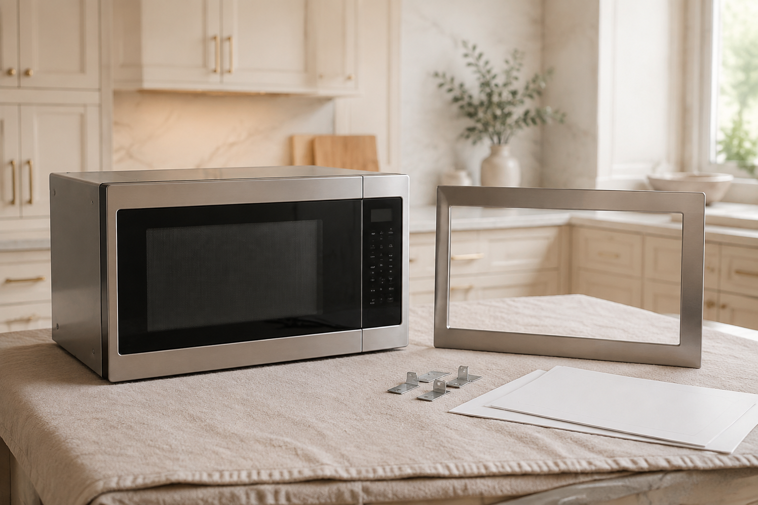Unbranded built-in microwave and its separate trim frame on a protected worktable with blank product-planning sheets.