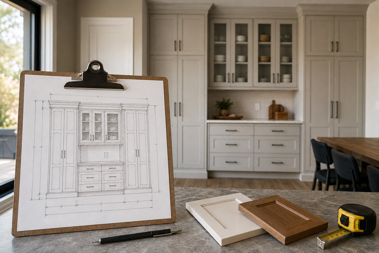 A clipboard elevation of a storage wall sits in front of the matching finished cabinet run with finish samples and a tape measure.
