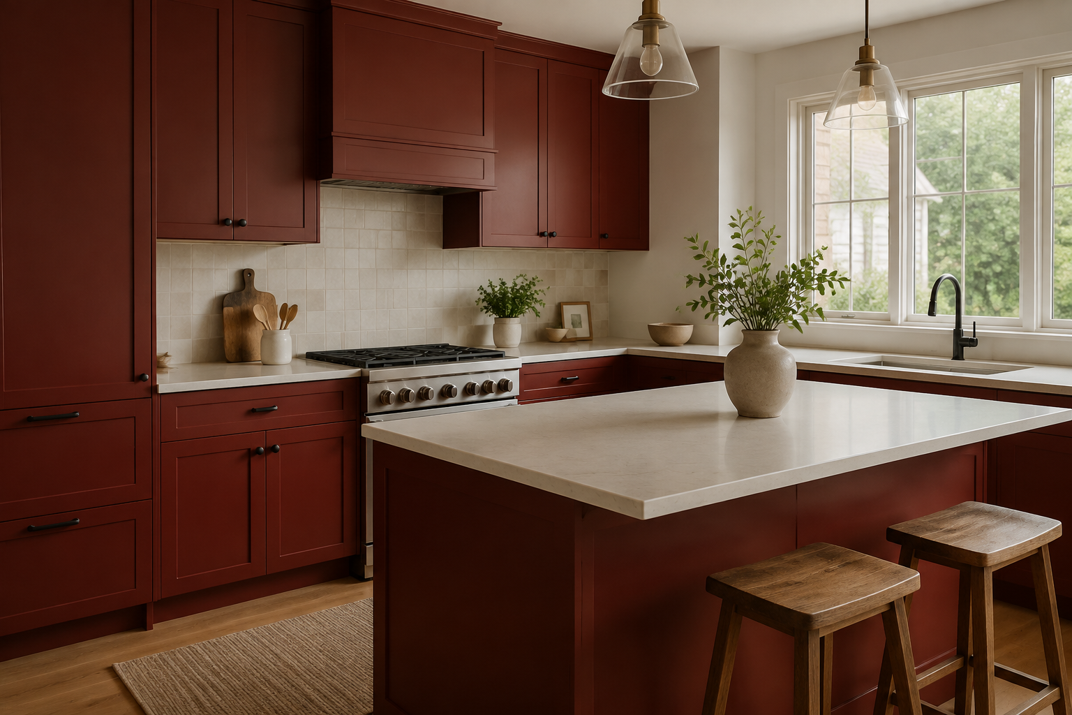 Deep red kitchen cabinetry with warm-white counters, a quiet backsplash, and an oak floor.