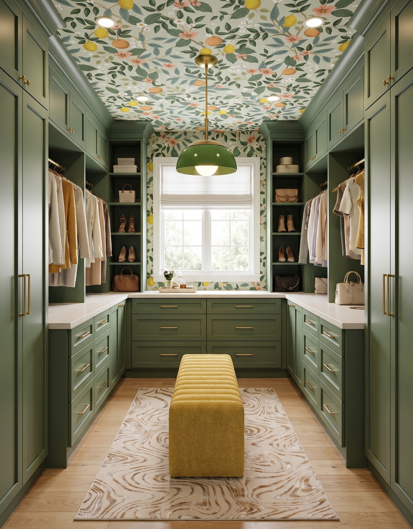 AI-created concept: Moss-green walk-in closet with citrus wallpaper on the ceiling and window wall, a mustard bench and a pale patterned rug.