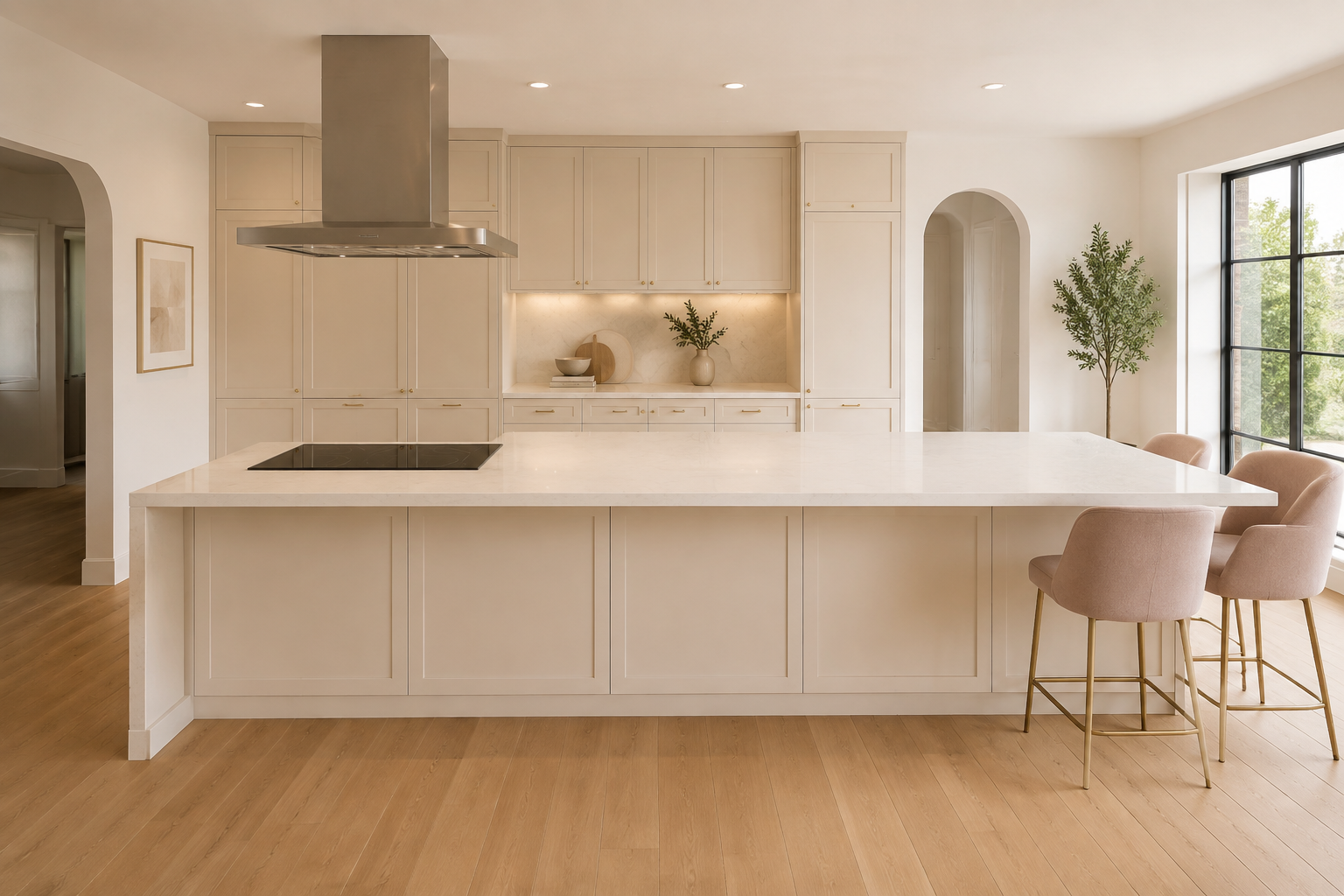 Induction cooktop at the work end of a long island with a centered hood, wide aisles, and seating separated at the far end.
