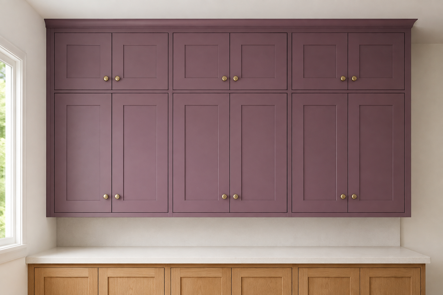 Plum kitchen wall with a shorter upper cabinet tier stacked above the main wall cabinets.