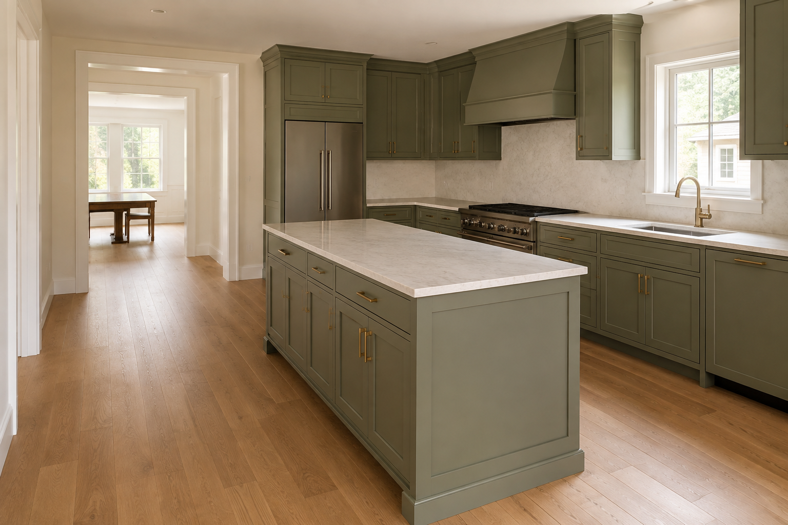 Concept image of a muted-green kitchen with an uninterrupted passage on the left from the entry to the dining room and a separate island work aisle on the right.