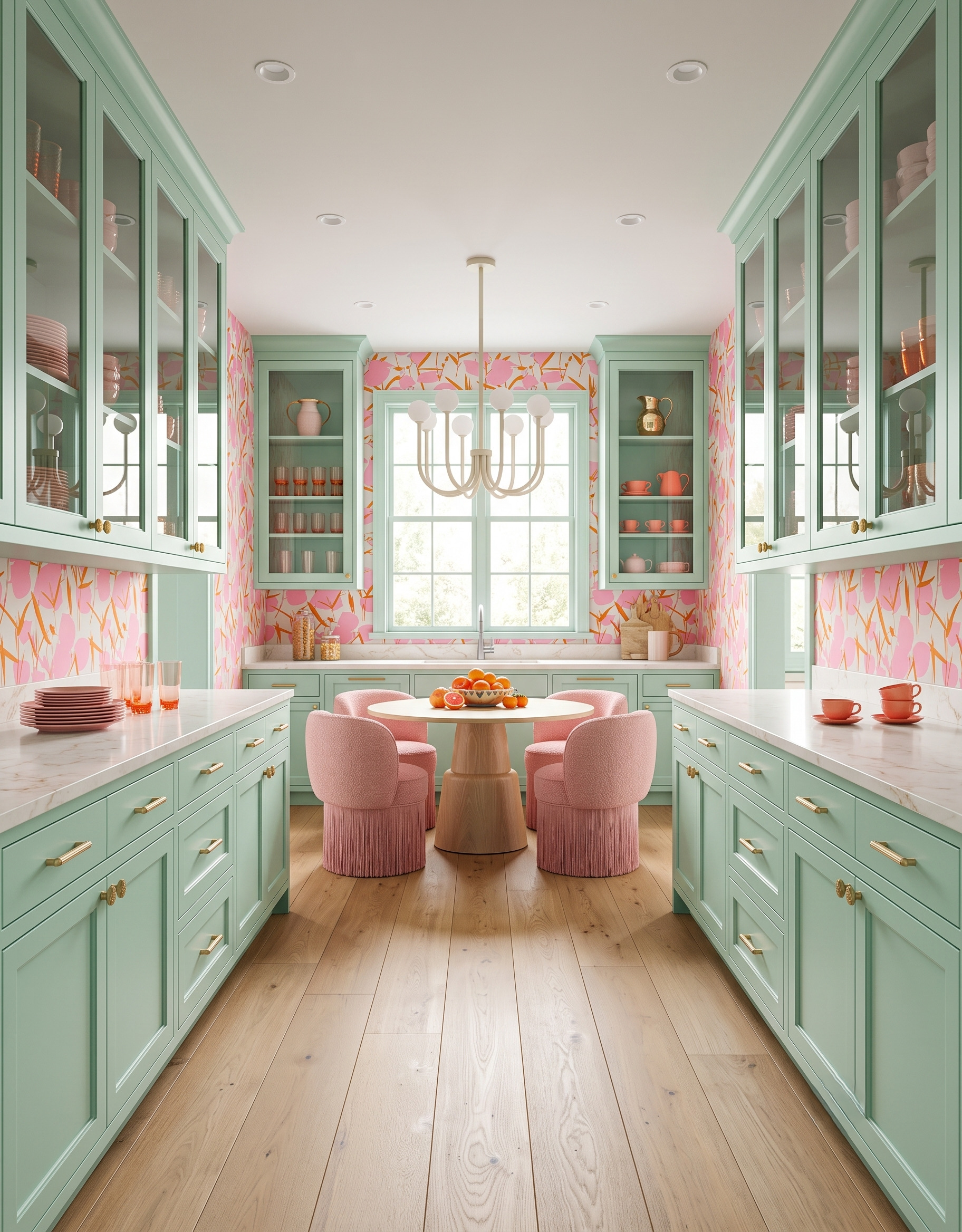 Soft mint galley kitchen with glass-front cupboards, pink-and-orange branching wallpaper, pink fringed chairs and a pale chandelier above a round table.