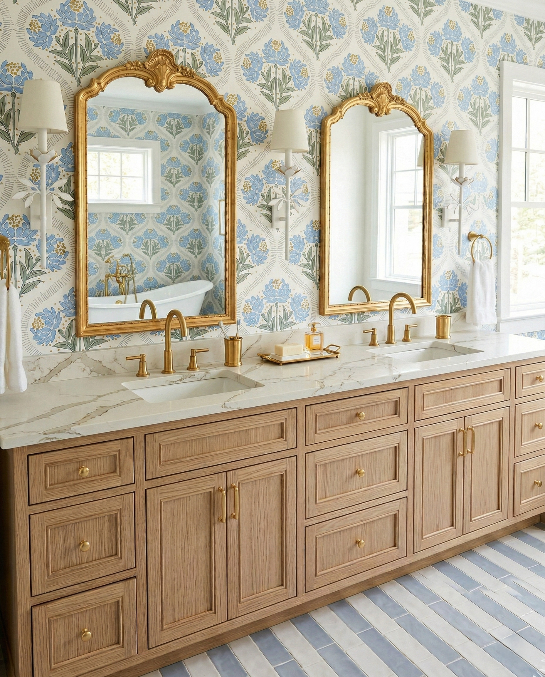 Light-wood double vanity with blue floral wallpaper, ornate gold mirrors, white leaf sconces and blue-and-white flooring.
