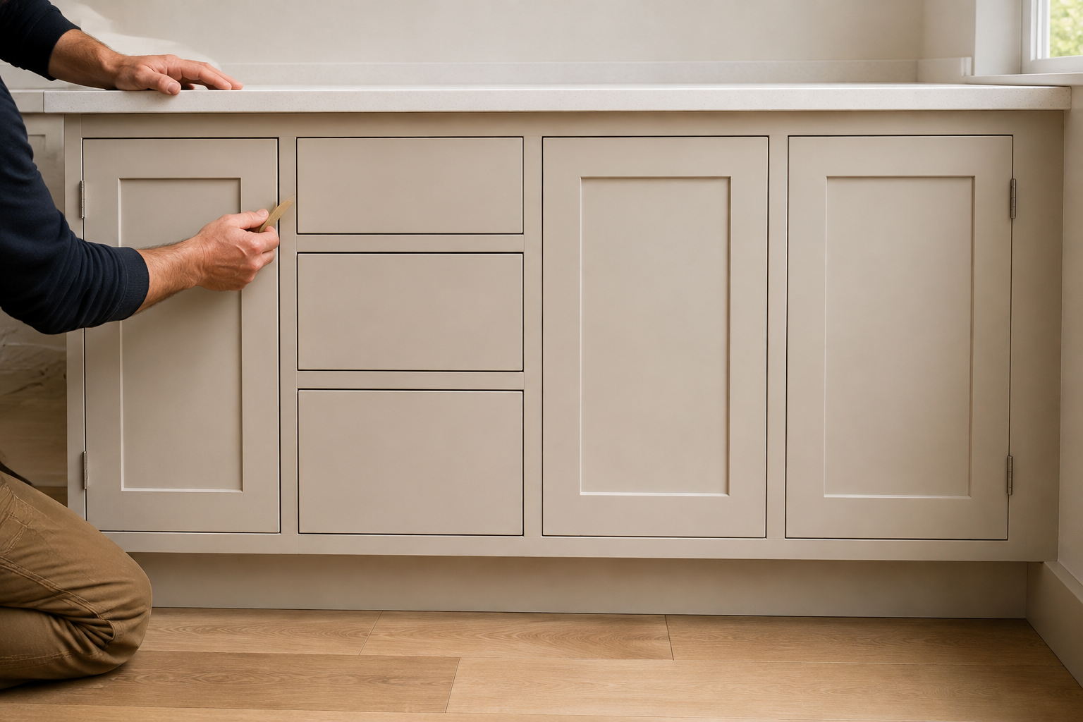 A craftsperson checks the even reveal around complete warm-white inset doors and drawers installed in a continuous face frame.