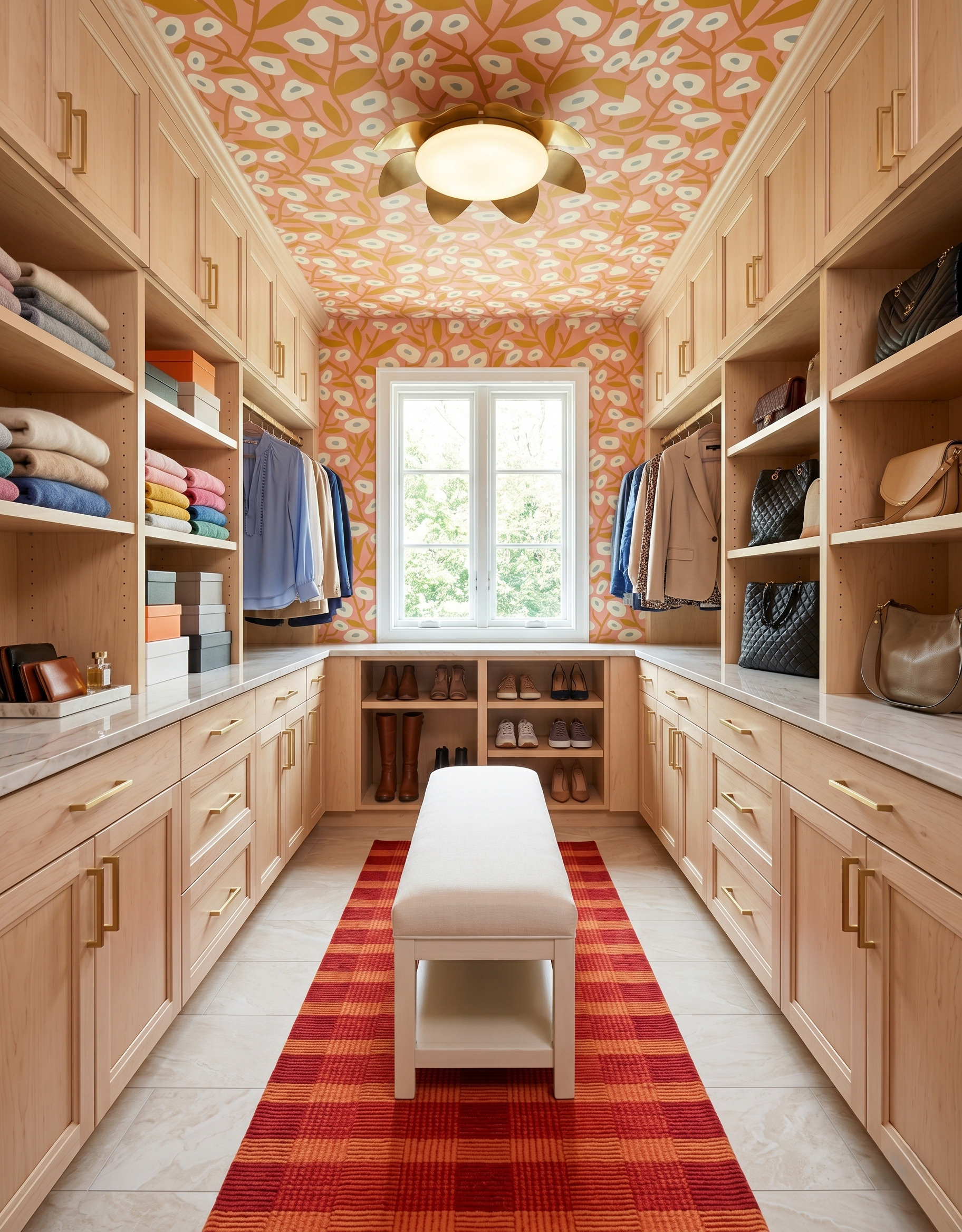 White upholstered bench with an open lower shelf on a coral checked runner in a pale wood closet with peach floral wallpaper and a rear window.