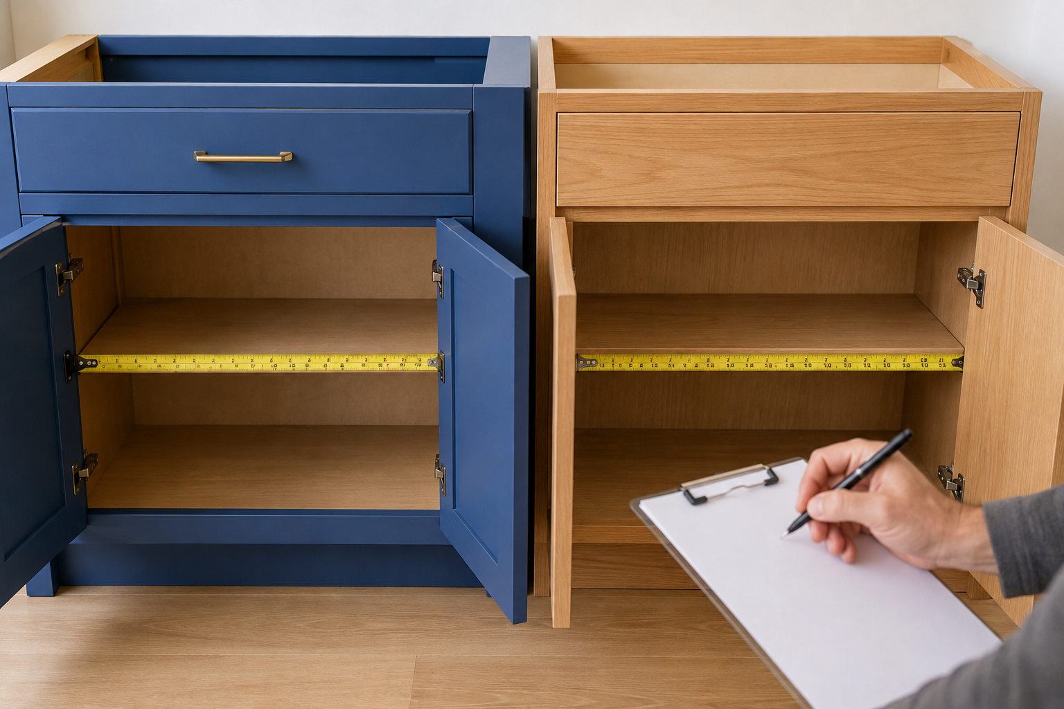 A tape spans the usable openings of a complete blue face-frame inset base cabinet and a complete light-oak overlay base cabinet.