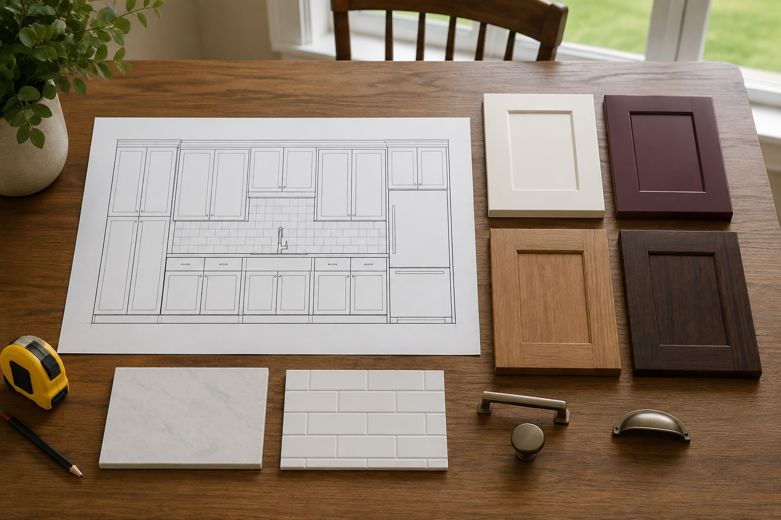 Straight kitchen elevation drawing arranged with four separate solid cabinet-door samples, counter, tile, hardware, tape measure, and pencil.