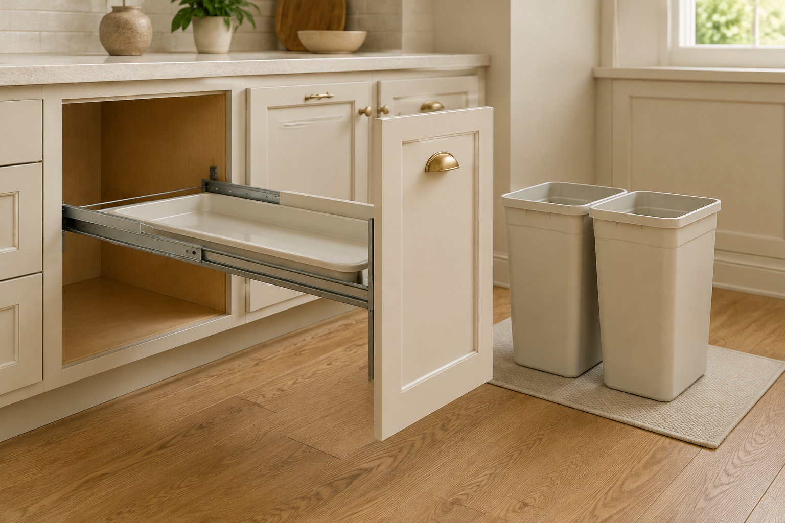 Empty pullout frame with removable bins beside it and a wipeable shallow tray protecting the cabinet floor.