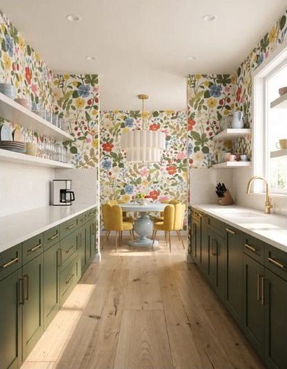 A green galley kitchen with yellow seating and several distinct finish decisions.