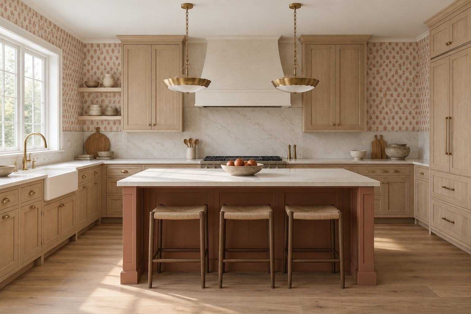 Light-oak kitchen with a soft terracotta island and two shallow scalloped brass bowl pendants on chains.