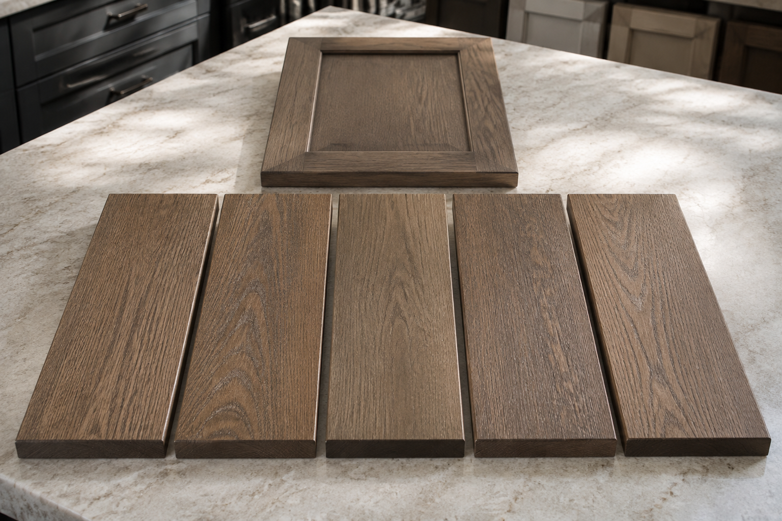 Five adjacent stained white-oak boards showing natural grain variation with one complete stained cabinet-door sample behind them.