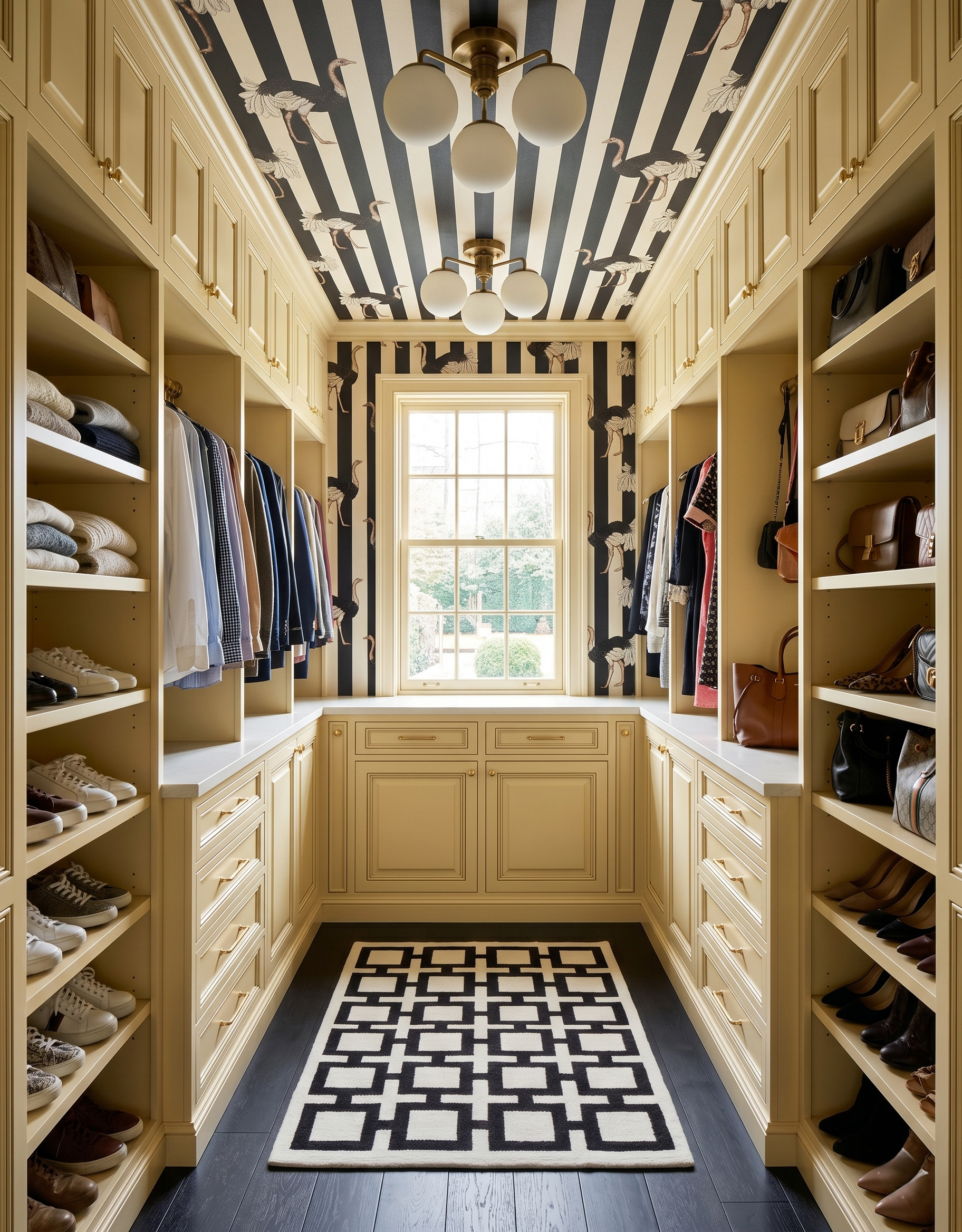 Buttery-yellow closet with black-and-cream striped wallpaper and ostrich illustrations on the ceiling and window wall, plus a geometric runner.