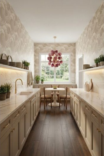 A beige kitchen with wave motifs and a plum-toned Sputnik-style light fixture.
