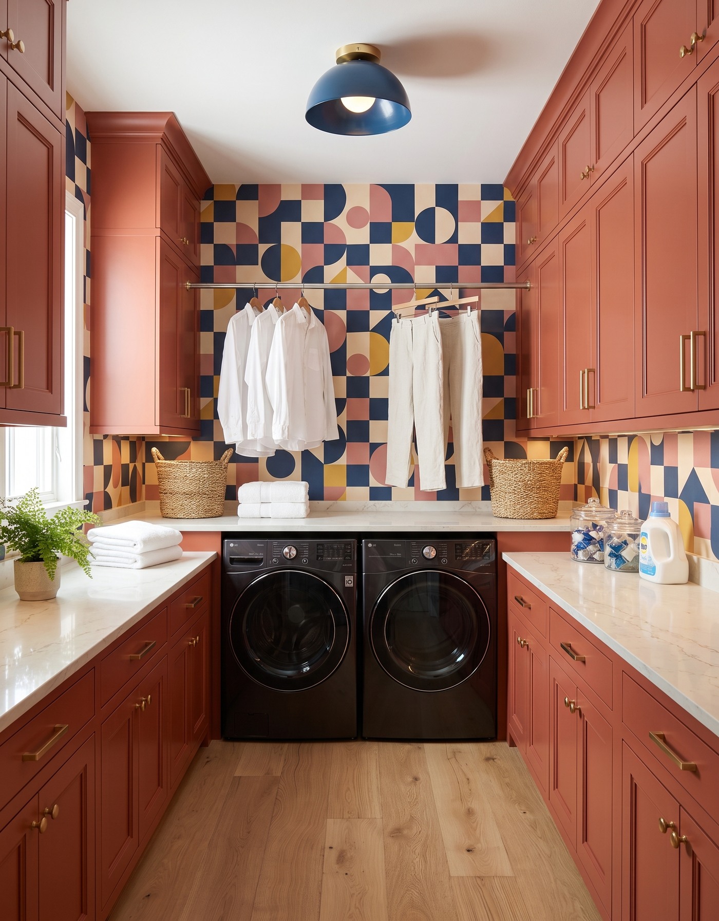 AI-created concept: Burnt-orange laundry cabinets with navy, cream and ochre geometric wallpaper and a blue dome light.