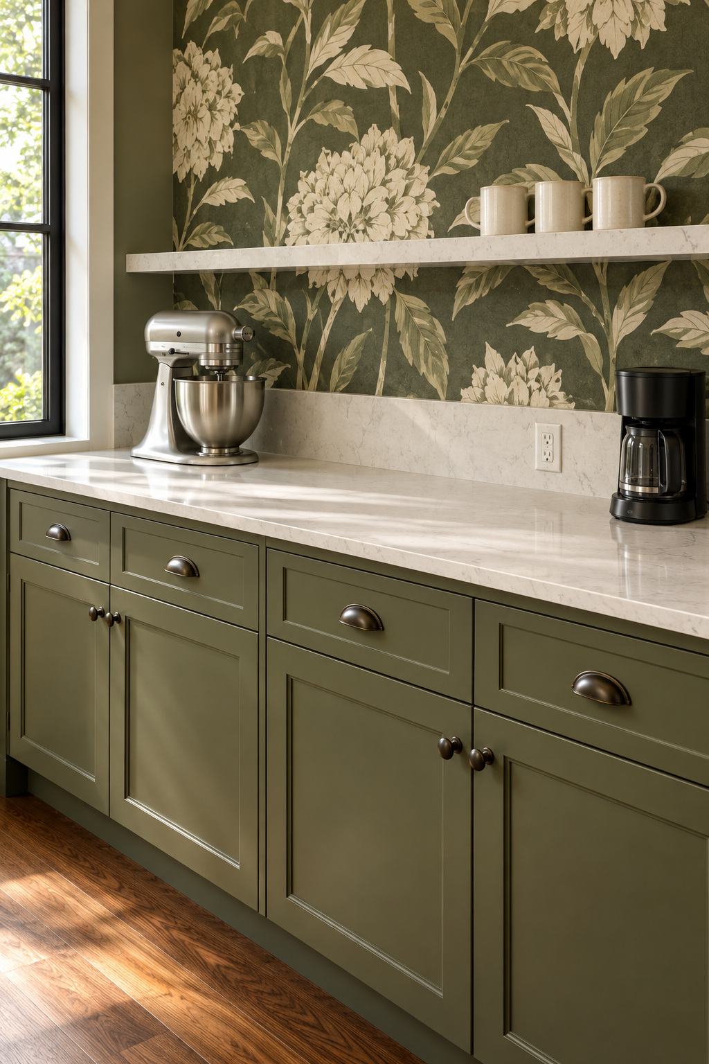 Generated kitchen concept with olive cabinetry, oversized botanical wallpaper, and a mixer and coffee maker separated by clear counter space.