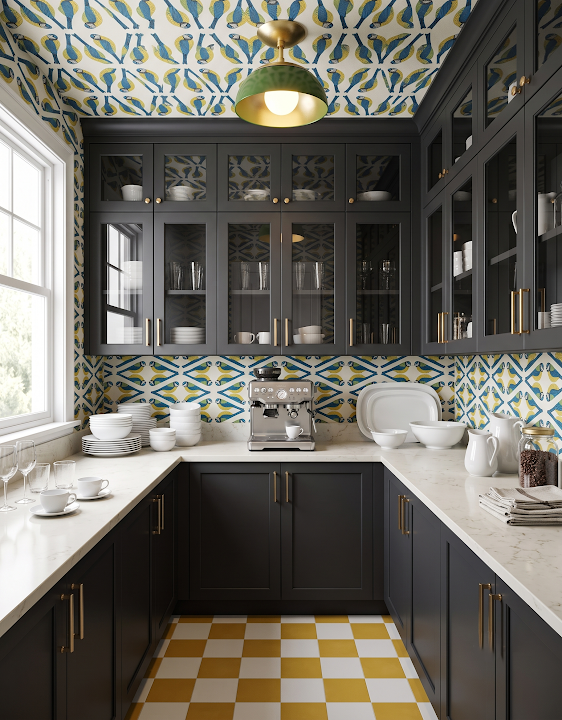 Concept image of a dark glass-front pantry with a graphic green pattern and checkerboard floor.