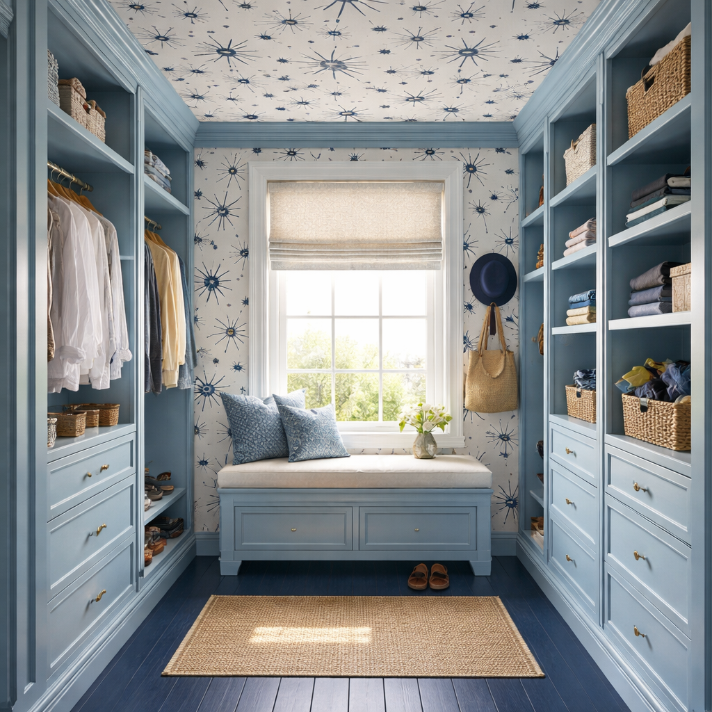 A powder-blue closet with a built-in window bench, open hanging and shelf bays, closed drawers, and open floor in front.
