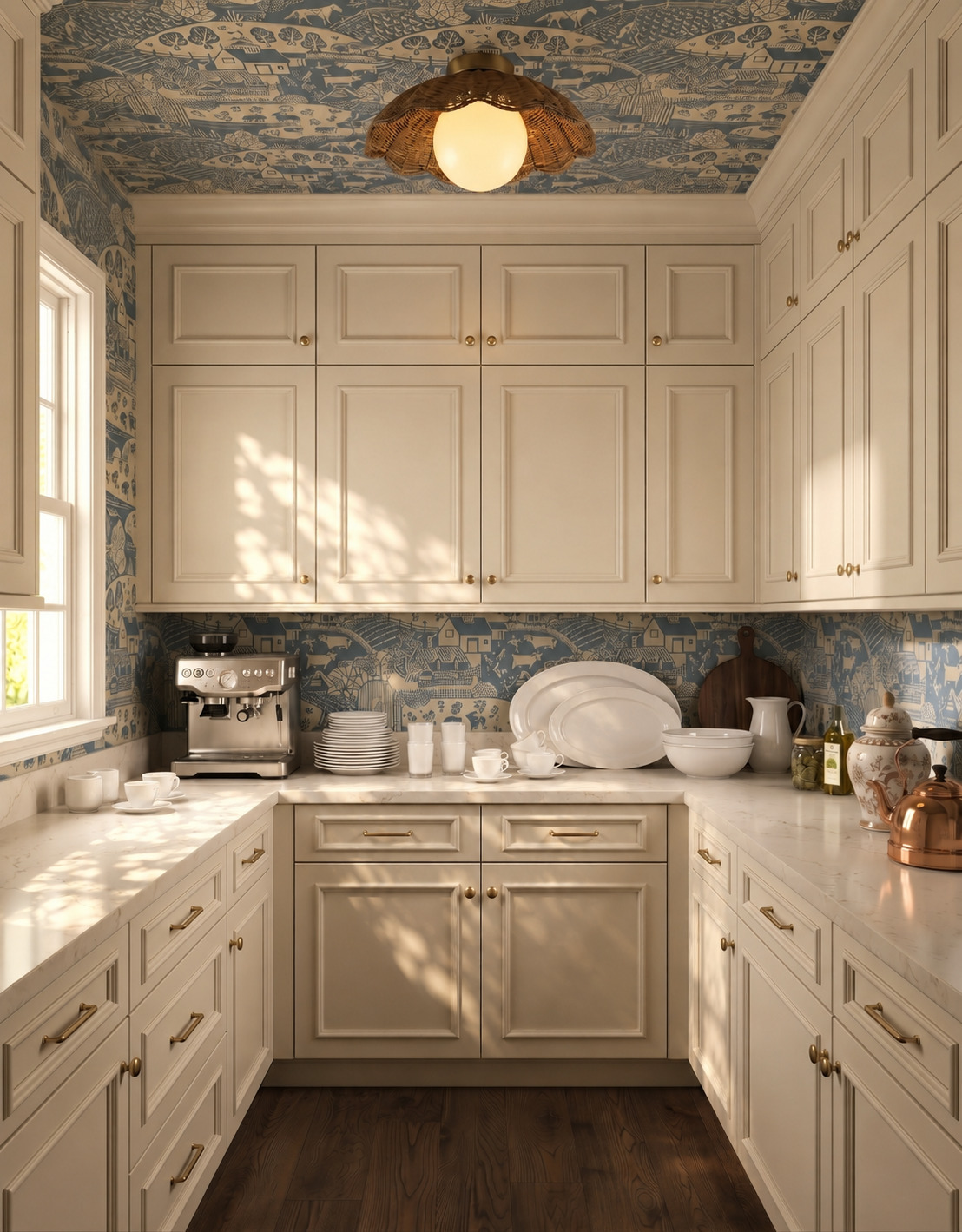 Cream U-shaped pantry with blue pastoral wallpaper across the ceiling and exposed walls, a woven ceiling light and a wood floor.