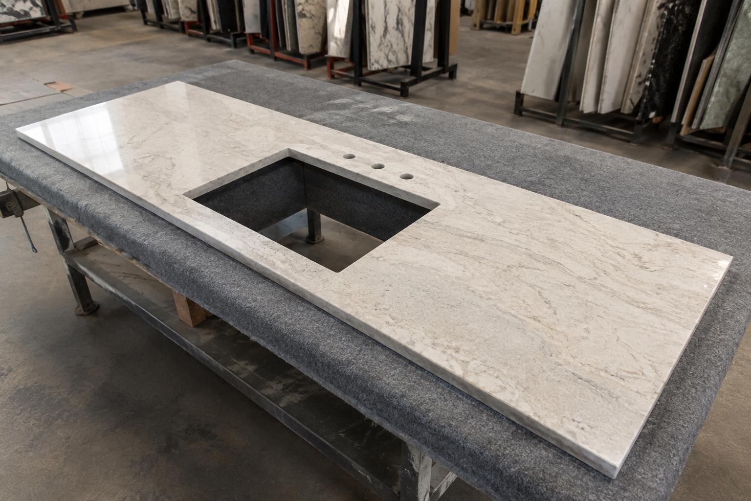 Fabricated pale-stone countertop resting on a padded shop table with one undermount sink cutout and three clean faucet holes.