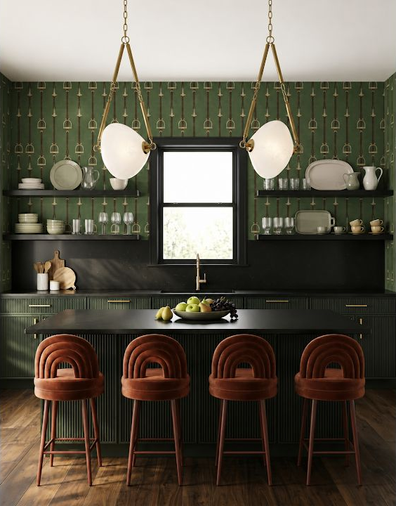 Concept image of a dark green kitchen with two white pendant lights centered over a long counter and warm stools.