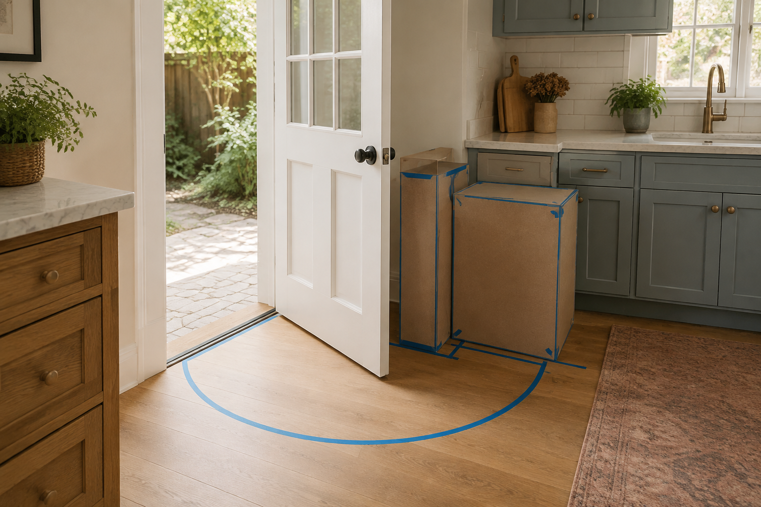 Open kitchen entry door with its swing traced in painter's tape beside cabinet-sized mockups.