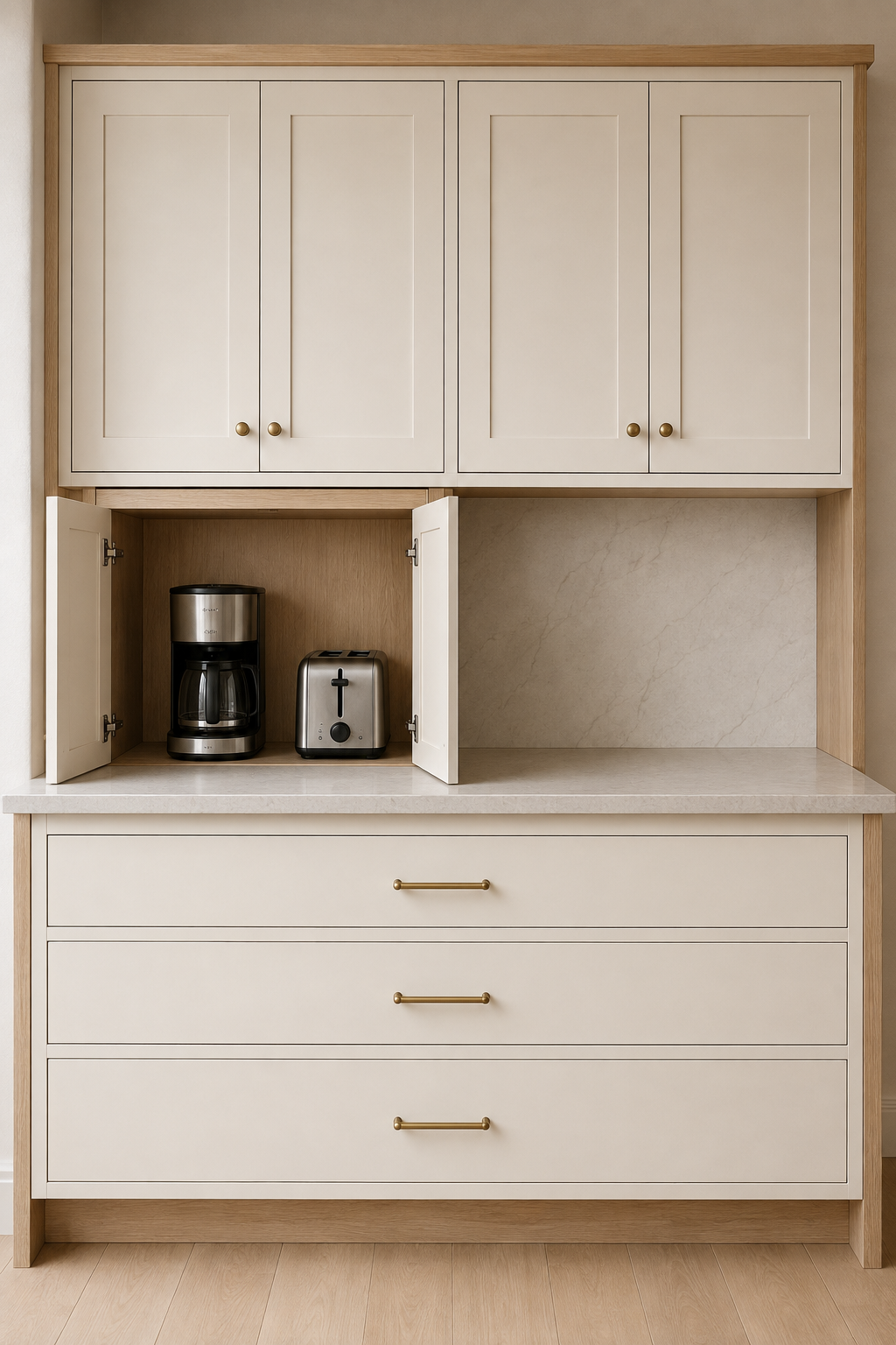Square-on cabinet elevation with paired solid upper doors, an open two-door appliance cabinet, three aligned base drawers, and a clear landing counter.