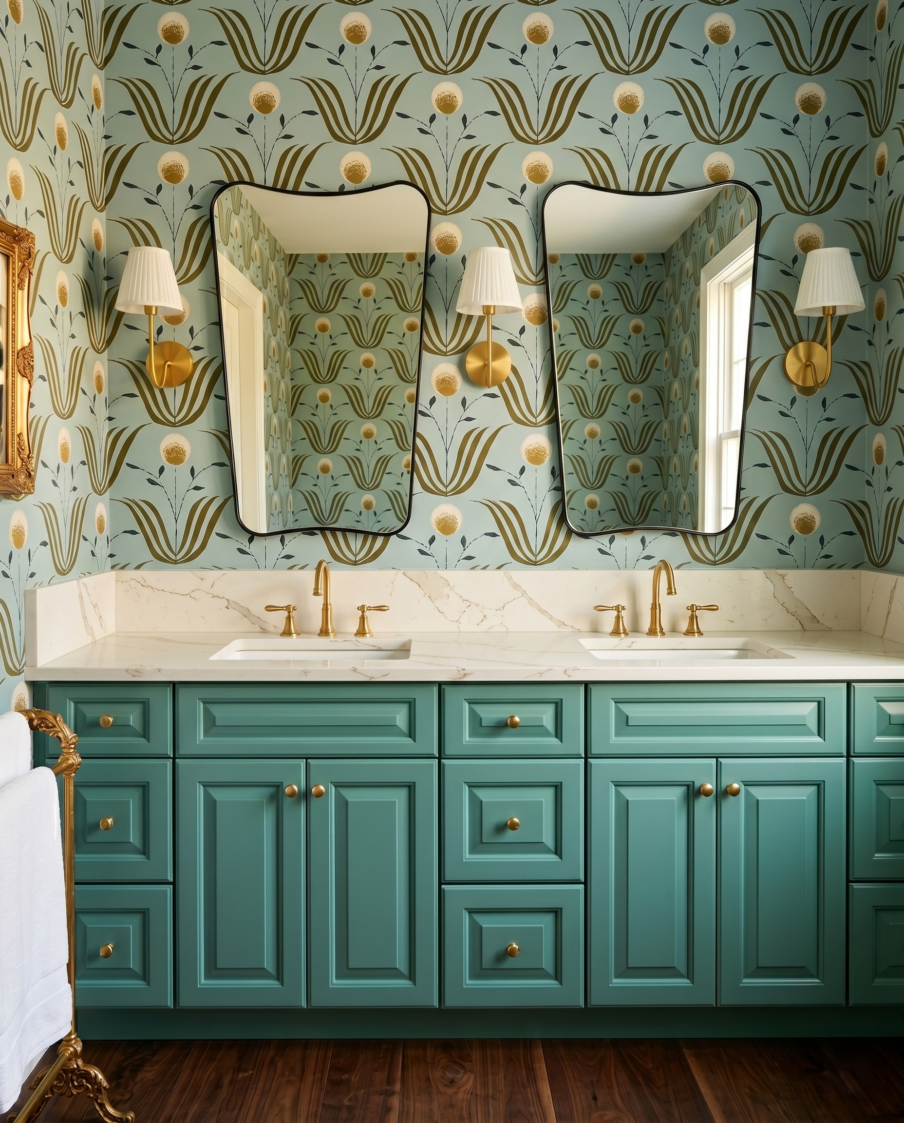 Teal double vanity with large olive botanical wallpaper, slim curved black mirrors, cream pleated sconces and a dark wood floor.